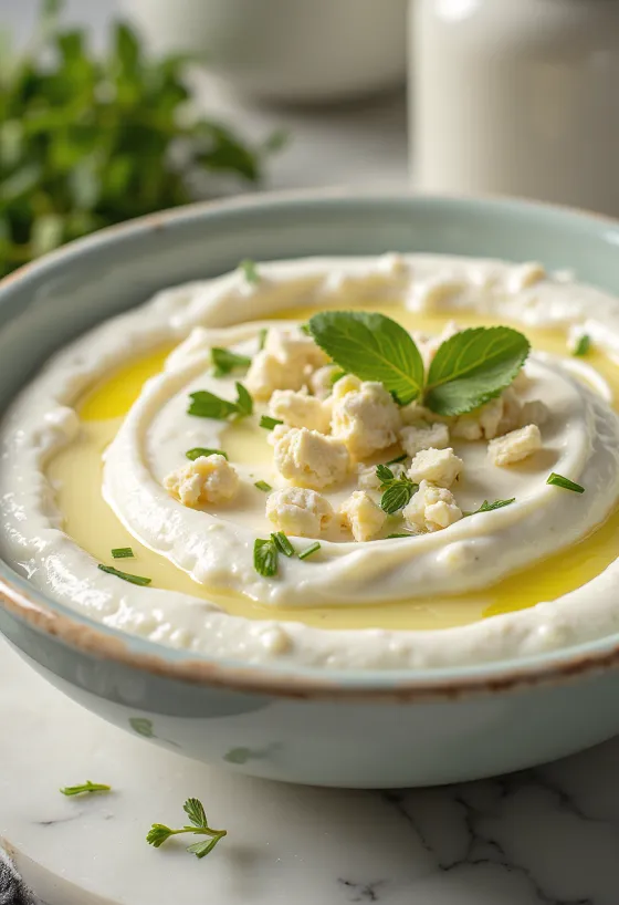 Dip de yogur y feta con eneldo servido con pan de pita