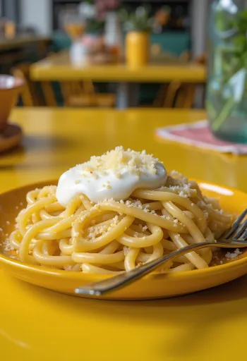 Pasta caliente con queso y nata espolvoreada con queso rallado, servida en plato blanco.