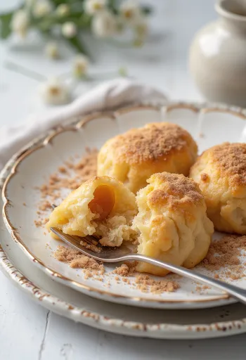 Bolas de ciruela recién hechas con azúcar, canela y pan rallado
