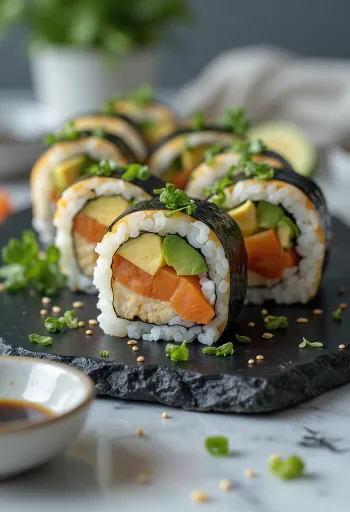 Sushi vegano con tofu, verduras y salsa de soja