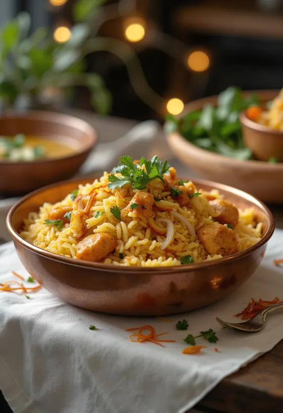 Biryani de pollo decorado con cilantro fresco y menta