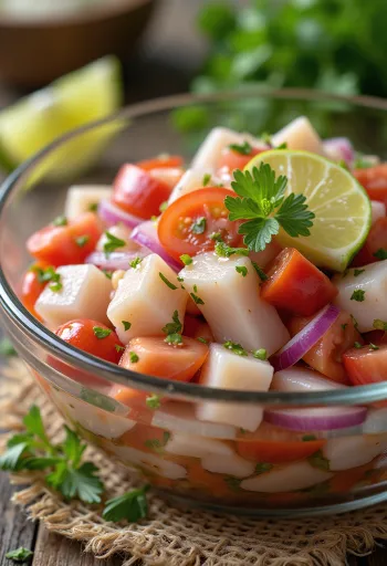 Ceviche clásico con lima, combinación fresca de pescado, aguacate y tomate