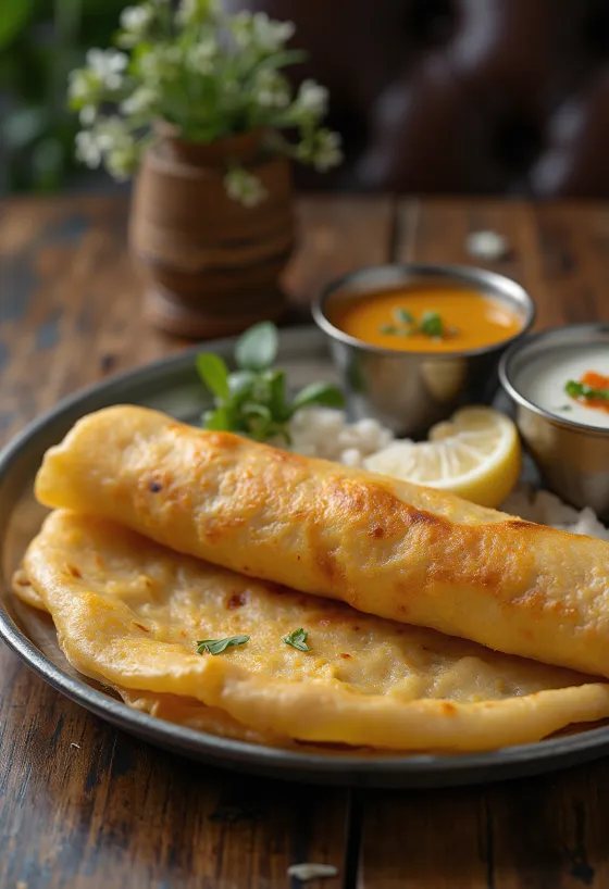 Dosa clásica frita hasta quedar crujiente, servida con coco fresco rallado