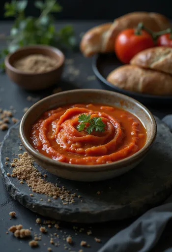 Matbucha clásica, deliciosa salsa de tomate con pimientos