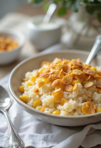 Arroz con leche y corn flakes servido