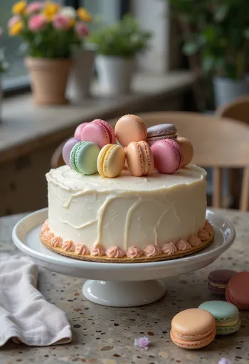 Tarta decorada con macarons de varios colores