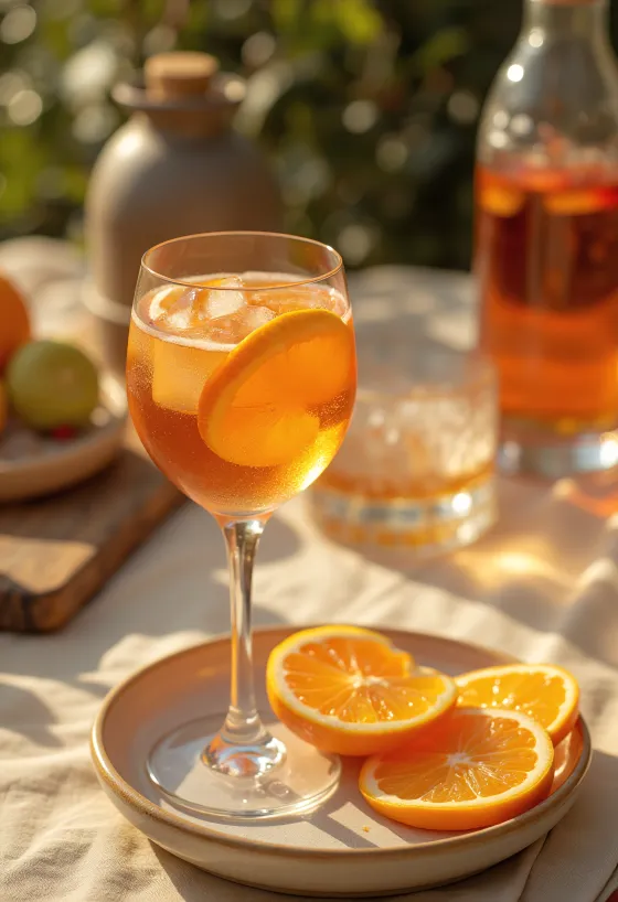 Cóctel Aperol con naranja servido con hielo y una rodaja de naranja