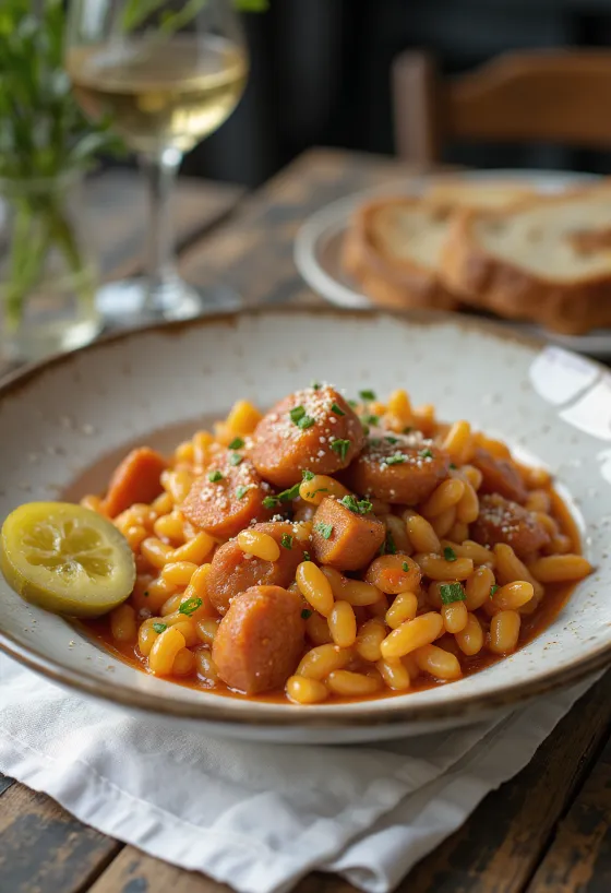 Guiso de tarhonya con salchicha ahumada y patatas, espolvoreado con perejil fresco
