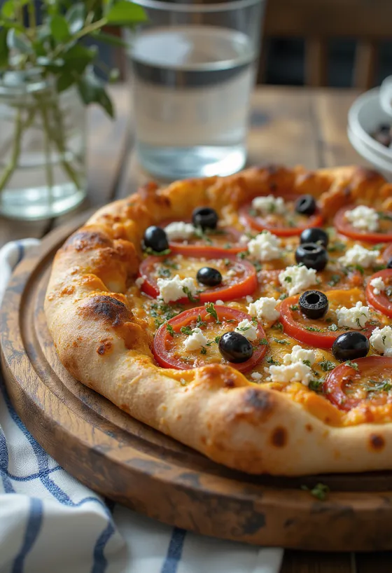 Pizza Greca con queso feta, aceitunas negras y tomate fresco