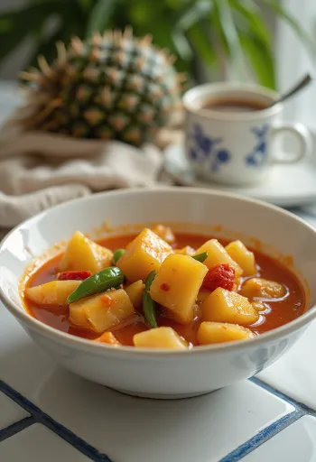 Salsa agridulce para pollo en un bol, con trozos de piña y pimiento.