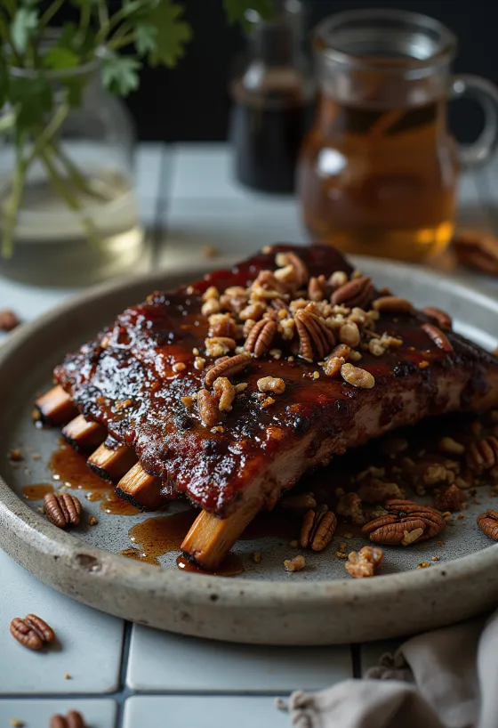 Costillas de cerdo ahumadas BBQ con glaseado de nueces pecanas