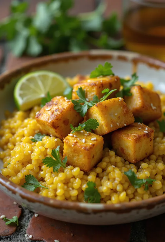 Tofu asado a la lima con base de quinoa al curry