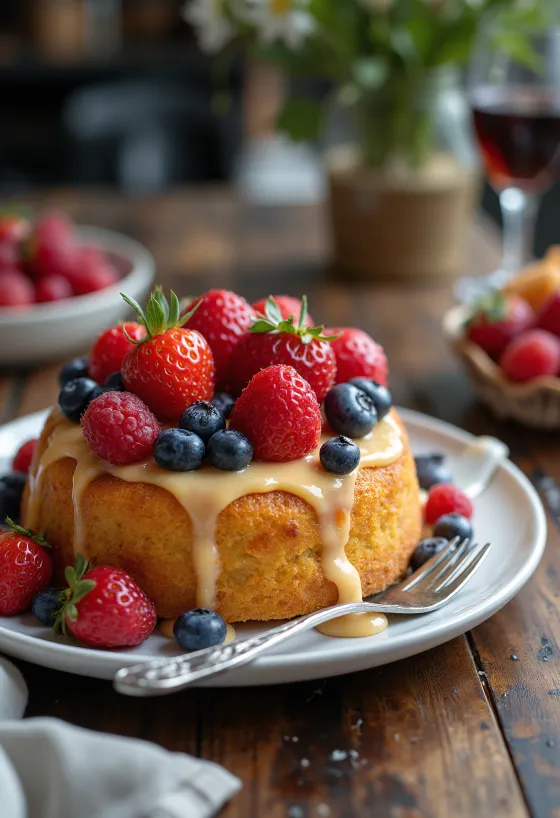 Tarta de frutas de verano decorada con fruta fresca