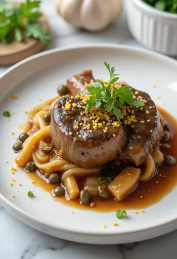 Ossobuco con alcaparras servido con perejil fresco y salsa espesa