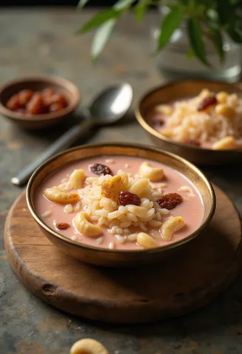 Palada Pradhaman: dulce cremoso de arroz servido con anacardos tostados y pasas