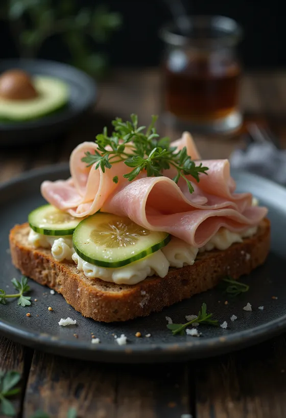 Smørrebrød de jamón y queso, decorado con pepino fresco y perejil.