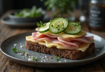 Smørrebrød de jamón y queso, decorado con pepino fresco y perejil.