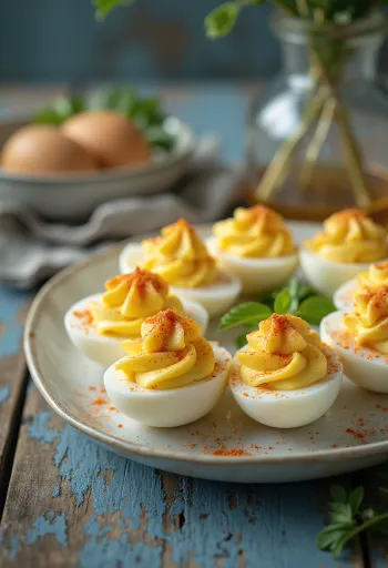 Huevos rellenos decorados con hierbas frescas y pimentón