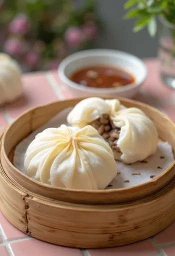 Bánh bao con cerdo, servido con cilantro fresco