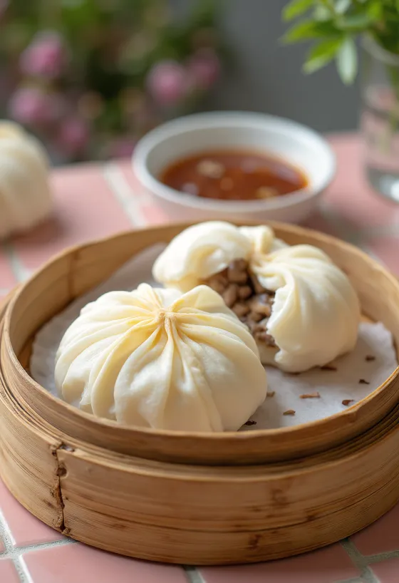 Bánh bao con cerdo, servido con cilantro fresco