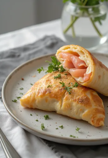 Calzone de salmón ahumado, corteza dorada, relleno de salmón y queso