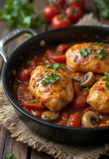 Chicken cacciatore servido en sartén con verduras