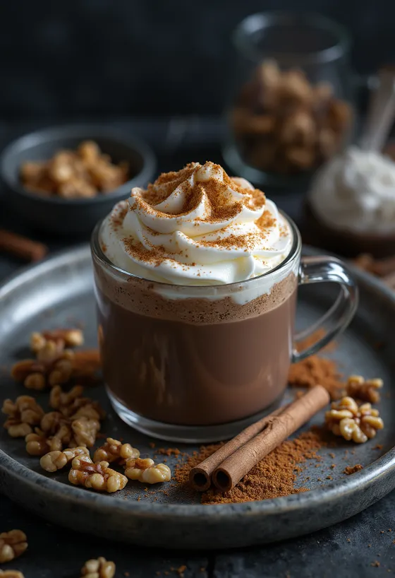 Chocolate caliente con nueces y canela servido