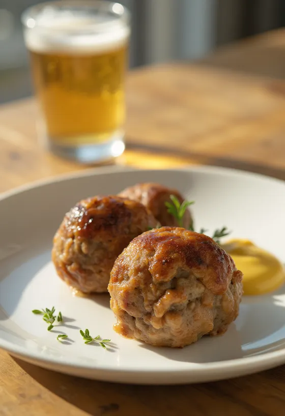 Frikadeller servido con mostaza, plato crujiente y apetitoso