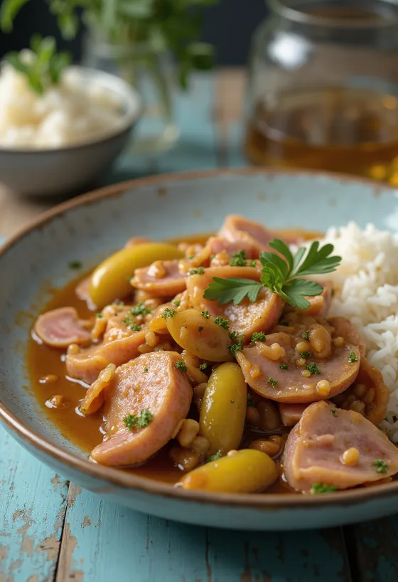 Estofado a la carnicera con carne de cerdo jugosa, salchicha ahumada y pepinillos.