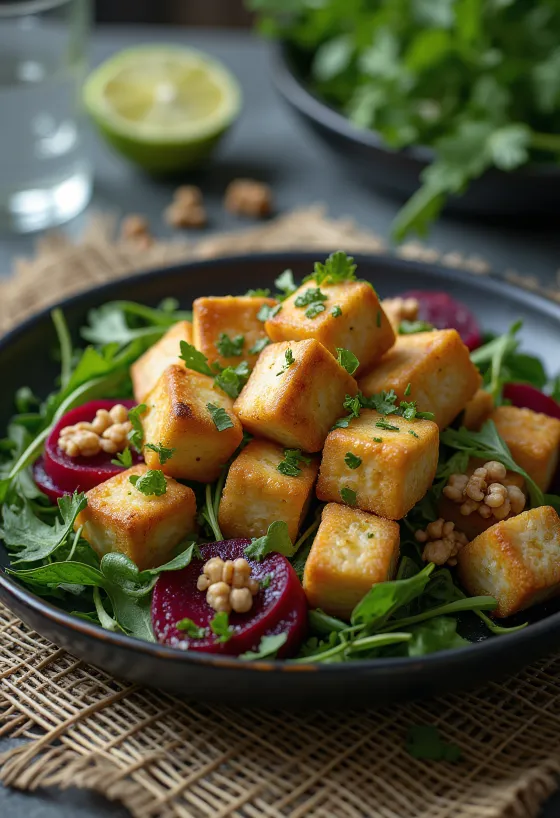 Tofu asado a la lima con ensalada de remolacha