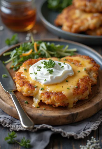 Escalope Mátra frito con rebozado crujiente, servido con patata rallada y nata fresca.