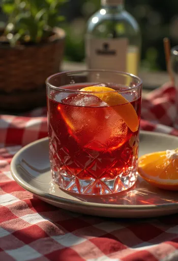 Cóctel Negroni decorado con una rodaja de naranja