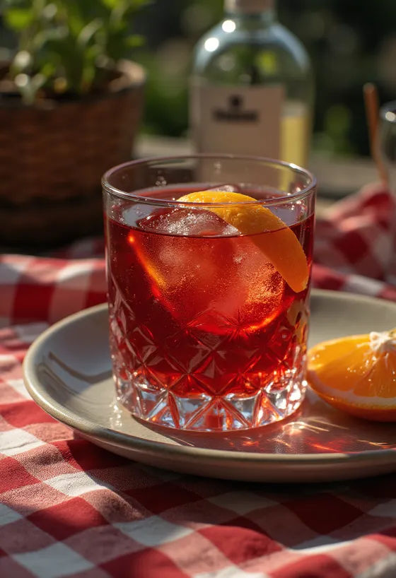 Cóctel Negroni decorado con una rodaja de naranja