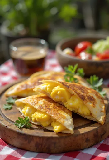 Quesadilla rellena de huevo y queso cortada en triángulos, dorada y crujiente