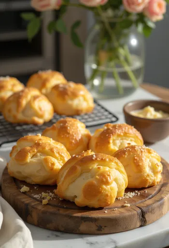 Gougères de queso dorados al horno, crujientes por fuera y suaves por dentro, servidos en una bandeja.