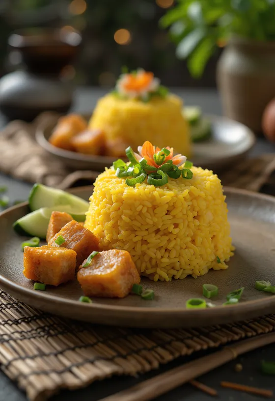Tumpeng con tempeh, un exótico plato indonesio, arroz rico, tempeh tostado y verduras frescas