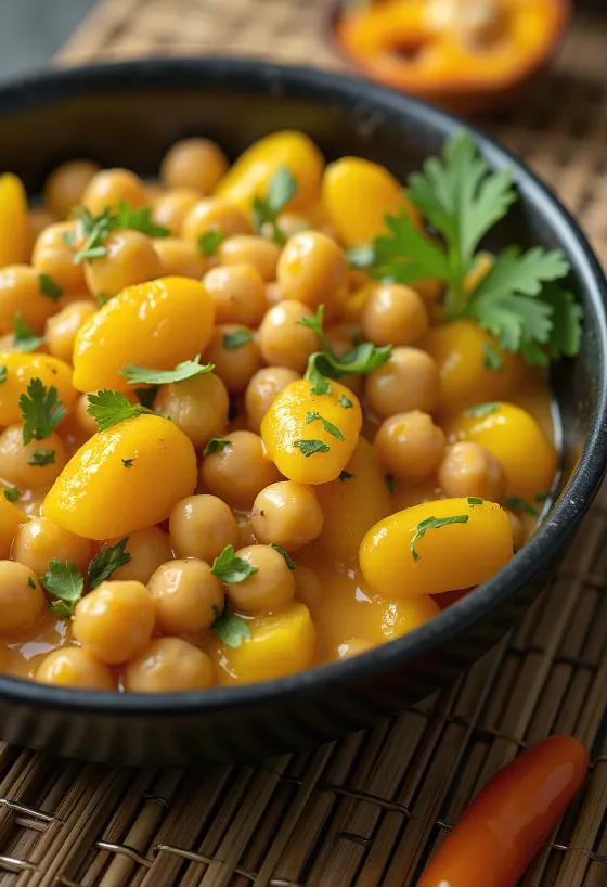 Ackee y garbanzos en un bol, servido con verduras y leche de coco