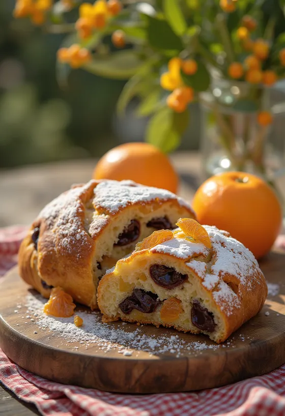 Stollen de chocolate y naranja rebanado espolvoreado con azúcar glas