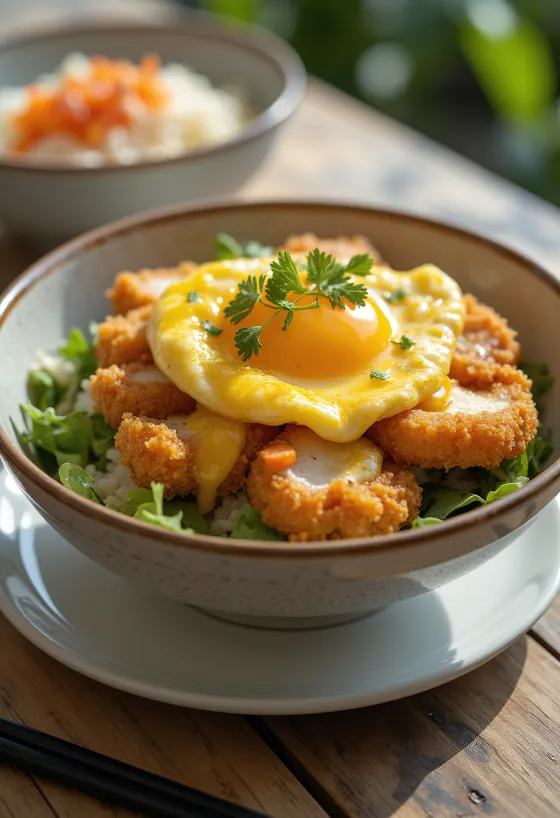 Katsudon de pollo al curry con verduras y cilantro fresco