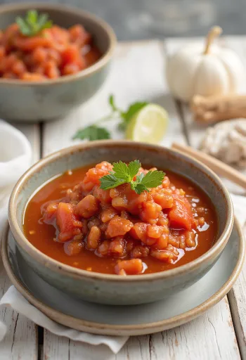 Salsa agridulce de tomate y jengibre en un bol, servida con jengibre fresco y verduras asadas.