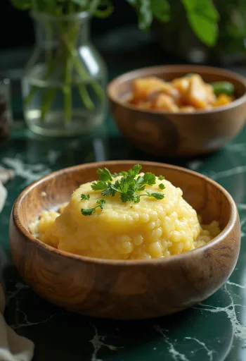 Fungee servido con leche de coco y cilantro fresco