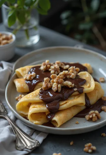 Crepe Gundel recién hecho, relleno de crema de nueces, bañado con salsa de chocolate, servido en un plato.
