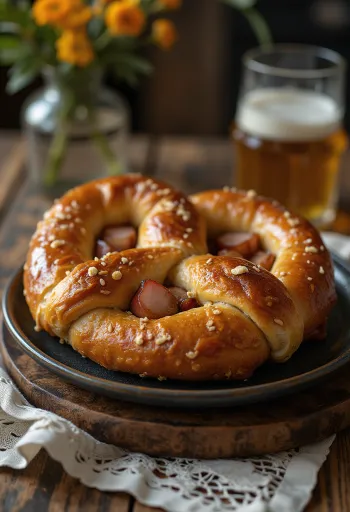 Pretzel con pechuga de pato servido