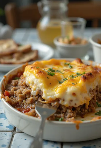 Moussaka con queso, berenjena, carne picada y capa de yogur