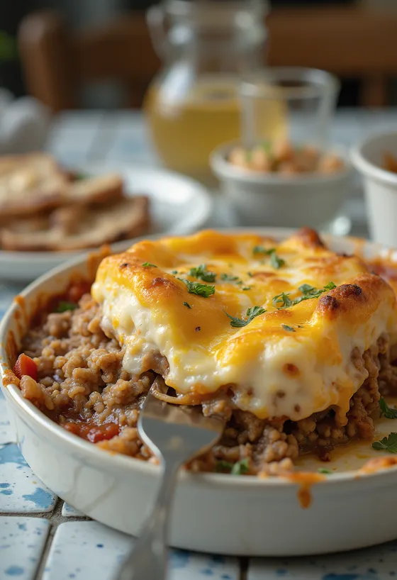 Moussaka con queso, berenjena, carne picada y capa de yogur