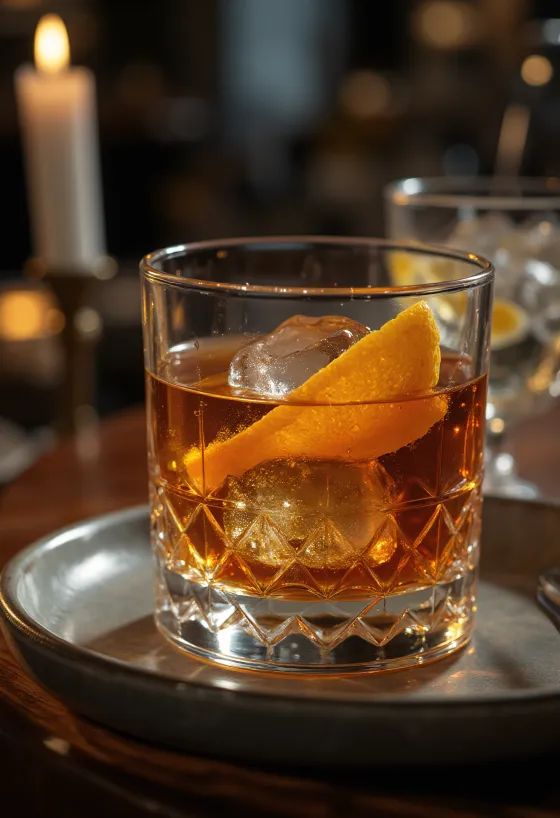 Cóctel Old Fashioned decorado con piel de naranja