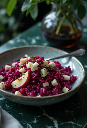 Ensalada prebiótica de remolacha y manzana servida con remolacha rallada, manzana y yogur
