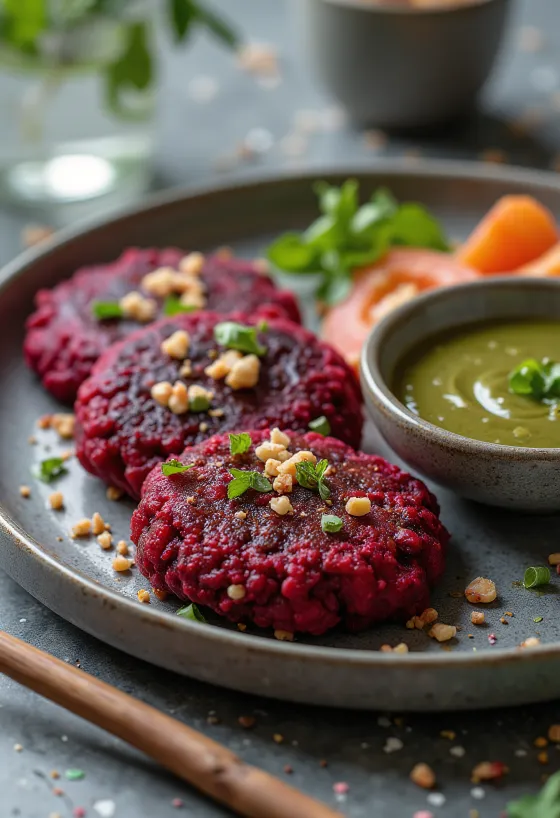 Hamburguesas veganas de remolacha con ensalada fresca y perejil