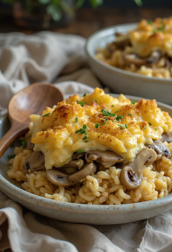 Arroz con champiñones vegano al horno servido
