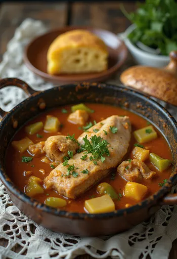 Estofado de cola de aligátor servido con pan fresco.